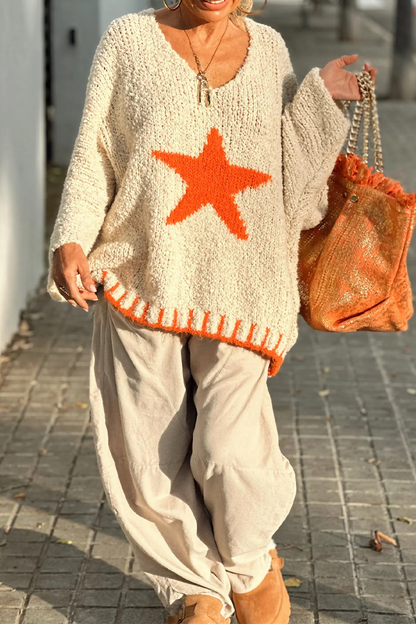 Suéteres casuales de calle con cuello en V en contraste y tejido de estrellas