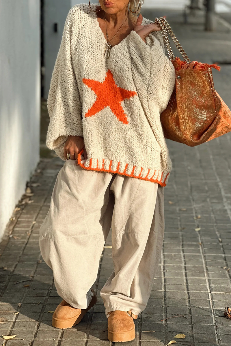 Suéteres casuales de calle con cuello en V en contraste y tejido de estrellas