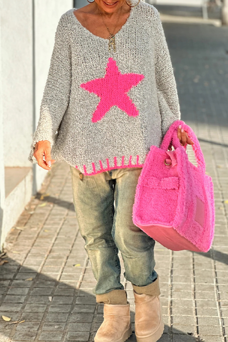 Suéteres casuales de calle con cuello en V en contraste y tejido de estrellas