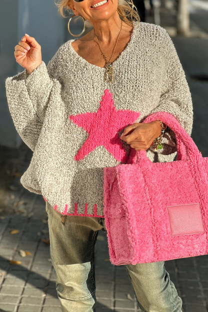 Suéteres casuales de calle con cuello en V en contraste y tejido de estrellas