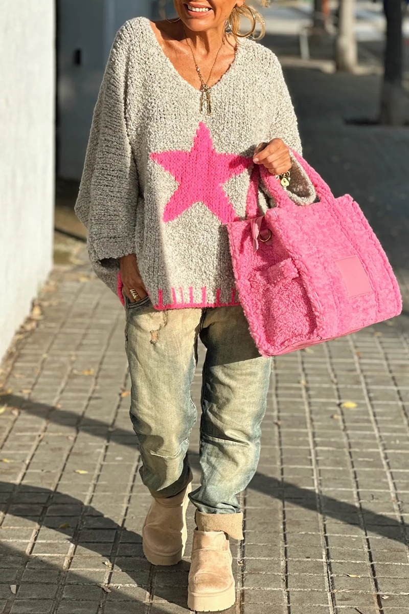 Suéteres casuales de calle con cuello en V en contraste y tejido de estrellas
