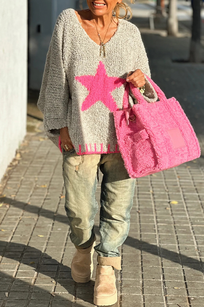 Suéteres casuales de calle con cuello en V en contraste y tejido de estrellas