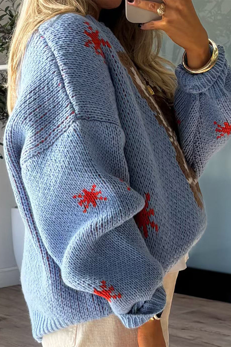 Suéteres casuales de cuello redondo con contraste y tejido de copos de nieve
