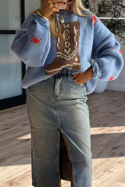 Suéteres casuales de cuello redondo con contraste y tejido de copos de nieve