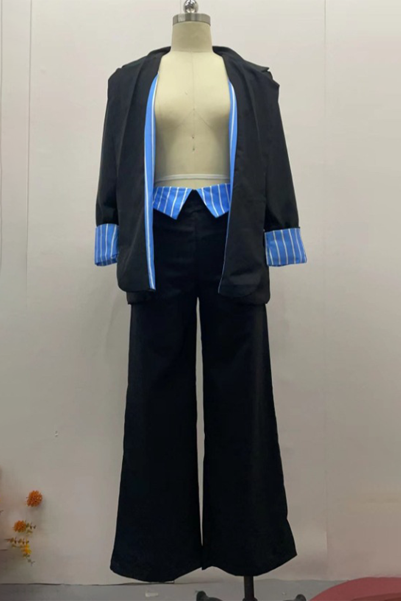 Conjunto informal de dos piezas con cuello vuelto, manga larga y bolsillos a rayas de calle