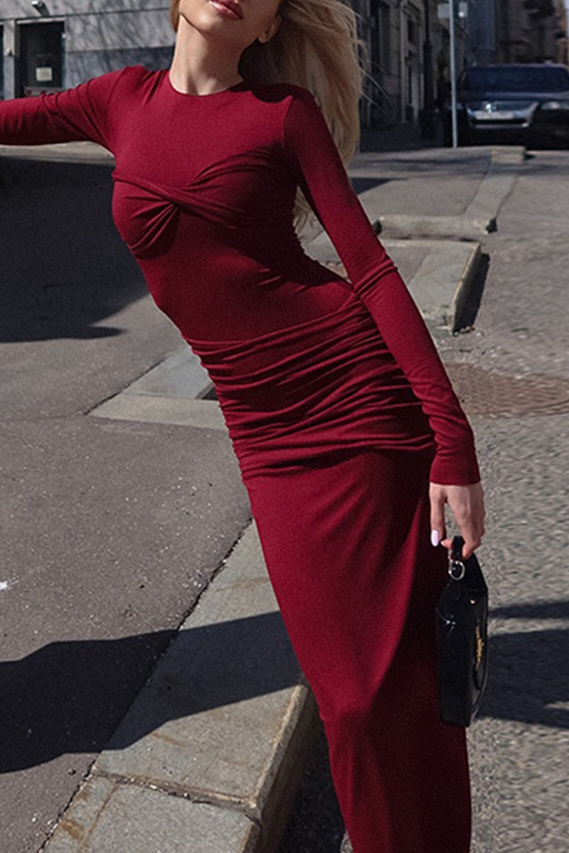 Vestidos sexys de falda de un solo paso con cuello redondo fruncido