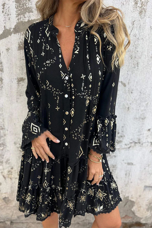 Vestidos casuales de corte A con cuello abotonado, volantes y patchwork con estampado bronceado