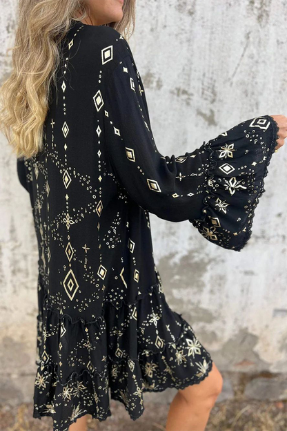 Vestidos casuales de corte A con cuello abotonado, volantes y patchwork con estampado bronceado