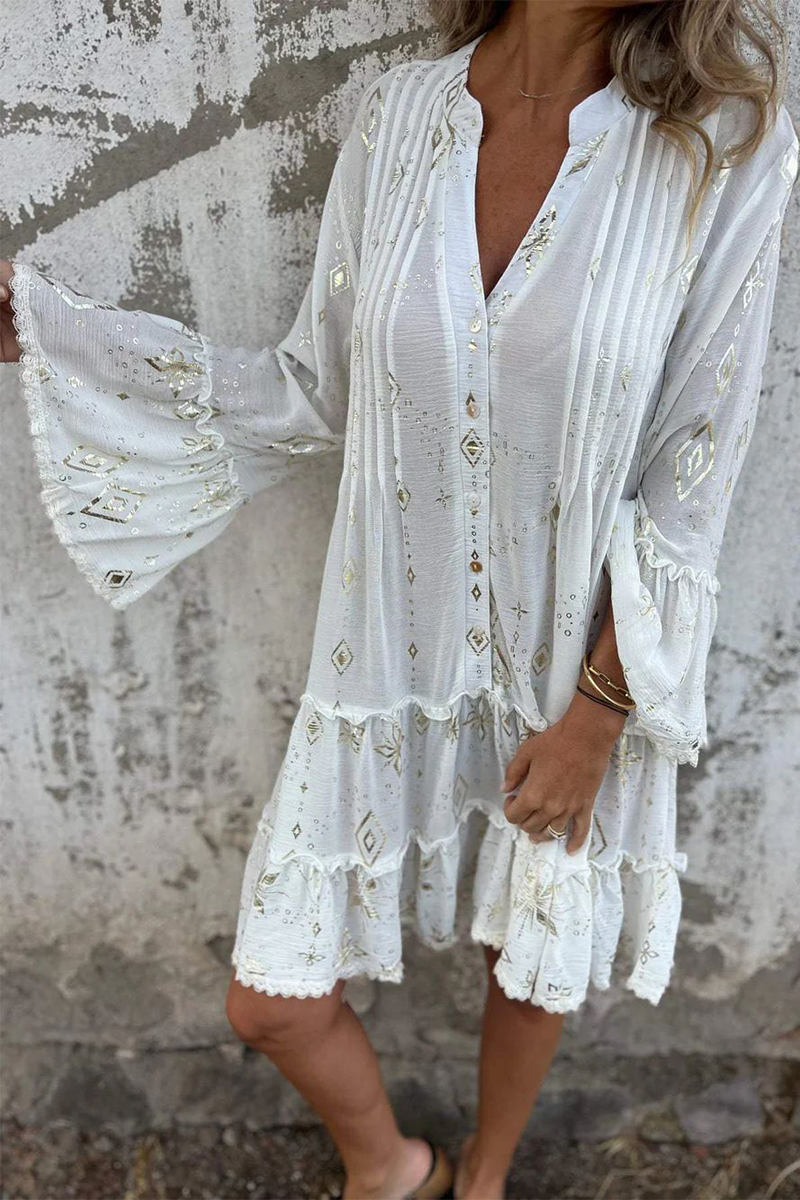 Vestidos casuales de corte A con cuello abotonado, volantes y patchwork con estampado bronceado