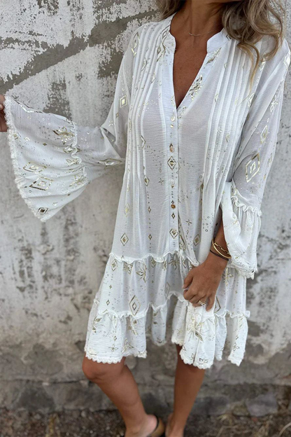 Vestidos casuales de corte A con cuello abotonado, volantes y patchwork con estampado bronceado