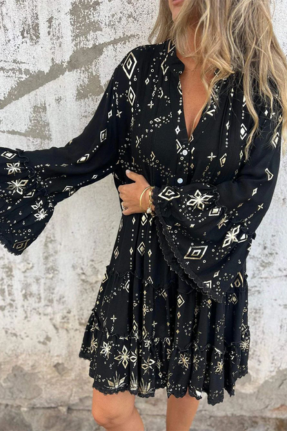 Vestidos casuales de corte A con cuello abotonado, volantes y patchwork con estampado bronceado