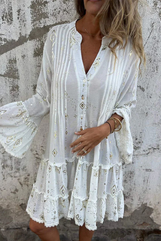 Vestidos casuales de corte A con cuello abotonado, volantes y patchwork con estampado bronceado