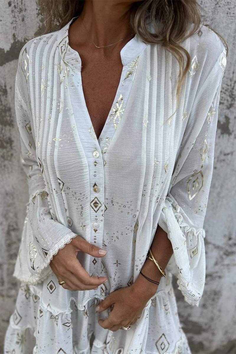 Vestidos casuales de corte A con cuello abotonado, volantes y patchwork con estampado bronceado