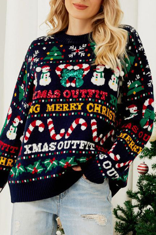 Suéteres casuales de cuello redondo con estampado de copos de nieve, árbol de Navidad y letras tejidas en contraste