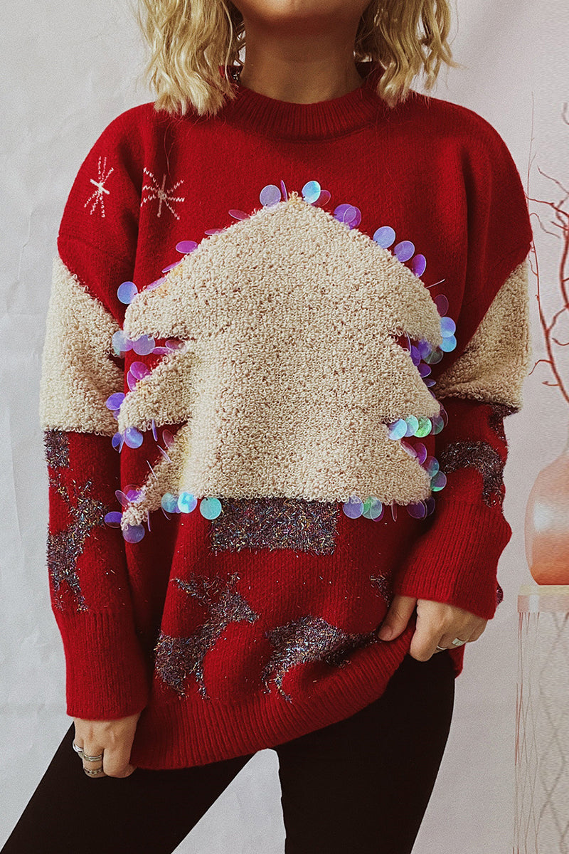 Suéteres casuales de cuello redondo con parche de lentejuelas de árbol de Navidad