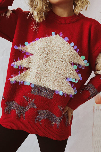 Suéteres casuales de cuello redondo con parche de lentejuelas de árbol de Navidad