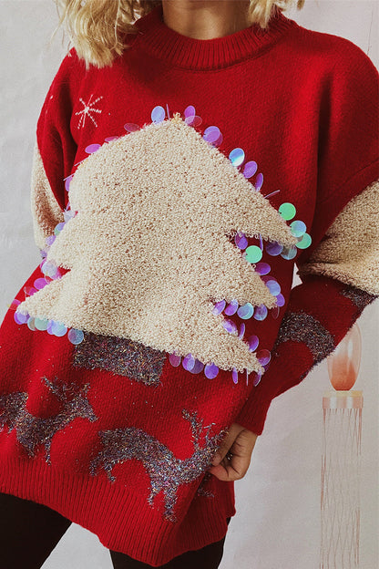 Suéteres casuales de cuello redondo con parche de lentejuelas de árbol de Navidad