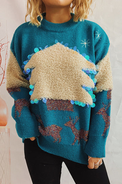 Suéteres casuales de cuello redondo con parche de lentejuelas de árbol de Navidad