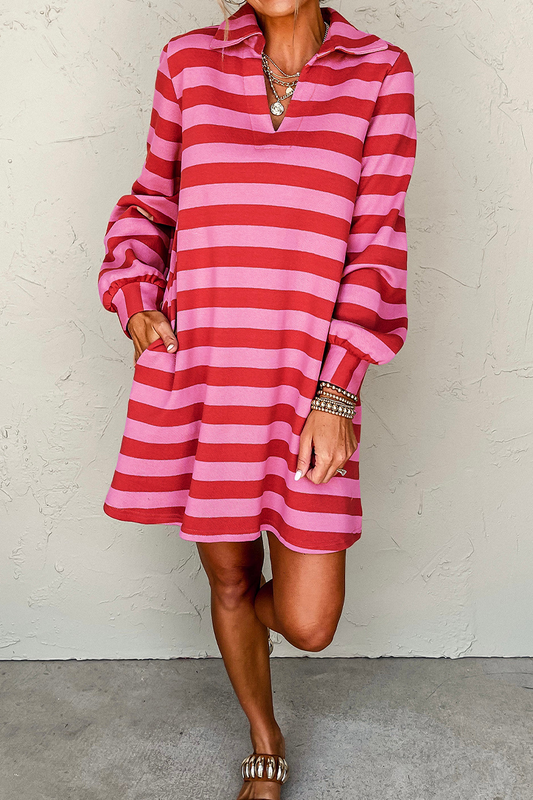 Vestidos casuales de manga larga con cuello vuelto, rayas, bolsillos y patchwork en contraste