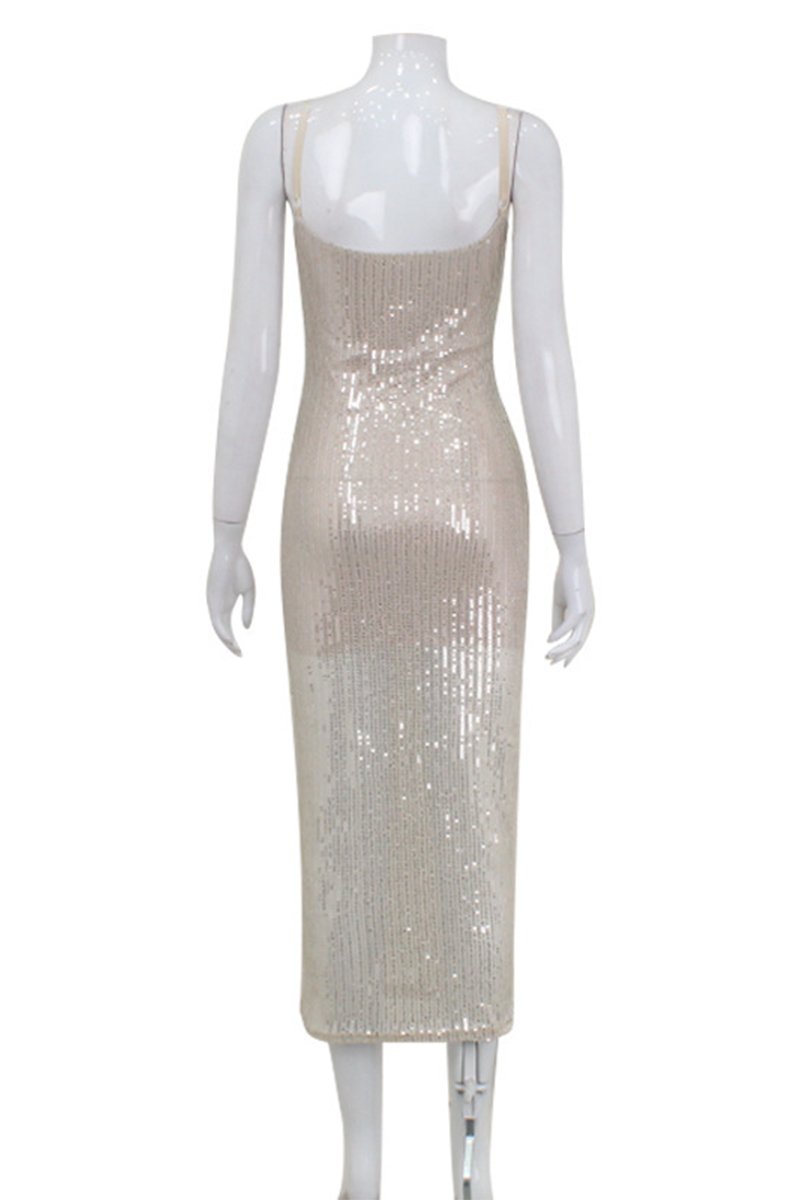 Vestidos de fiesta sexys con lentejuelas y cuello en U con falda cruzada