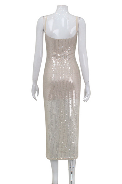 Vestidos de fiesta sexys con lentejuelas y cuello en U con falda cruzada