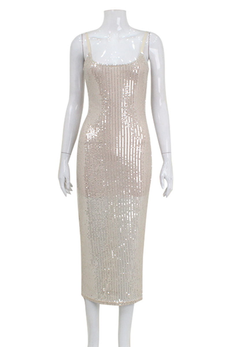 Vestidos de fiesta sexys con lentejuelas y cuello en U con falda cruzada