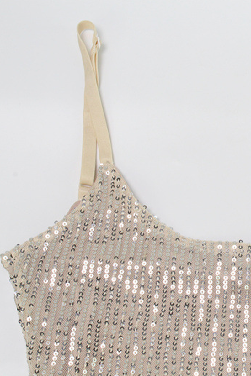 Vestidos de fiesta sexys con lentejuelas y cuello en U con falda cruzada