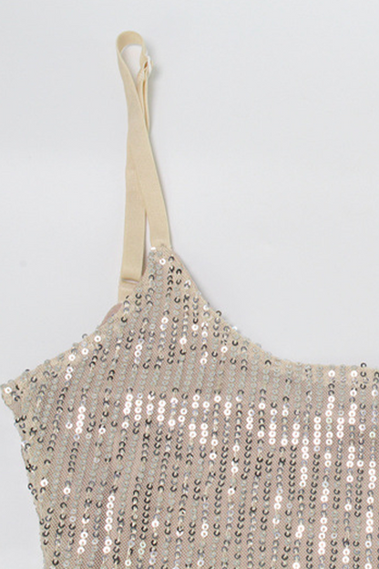 Vestidos de fiesta sexys con lentejuelas y cuello en U con falda cruzada