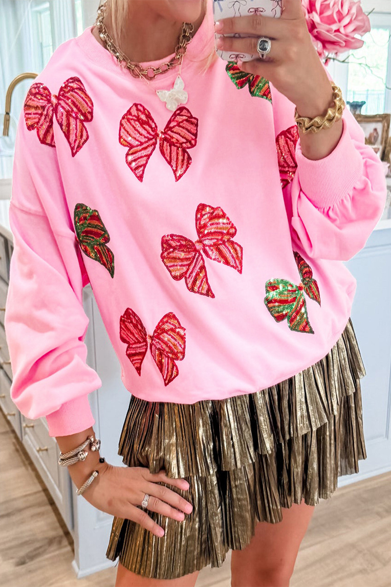 Sudadera informal con cuello redondo y lazo y lentejuelas en contraste