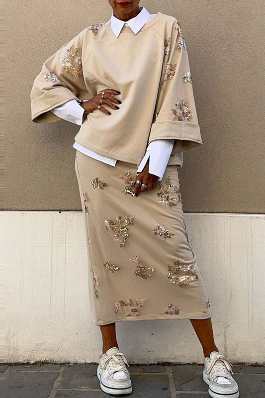 Conjunto informal elegante de dos piezas con cuello redondo, manga larga y bordado de patchwork