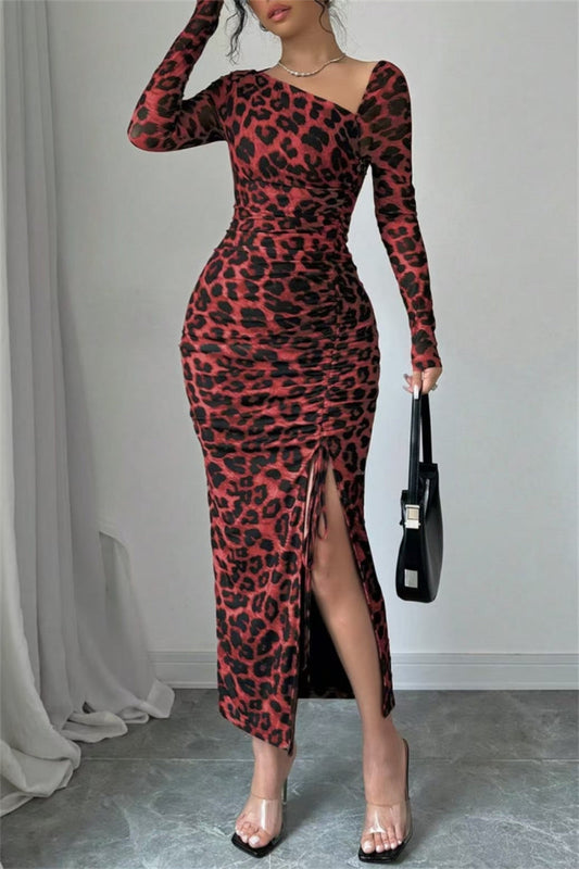 Vestido sexy informal de manga larga con estampado de leopardo, cordón ajustable, cuello oblicuo y abertura (3 colores)