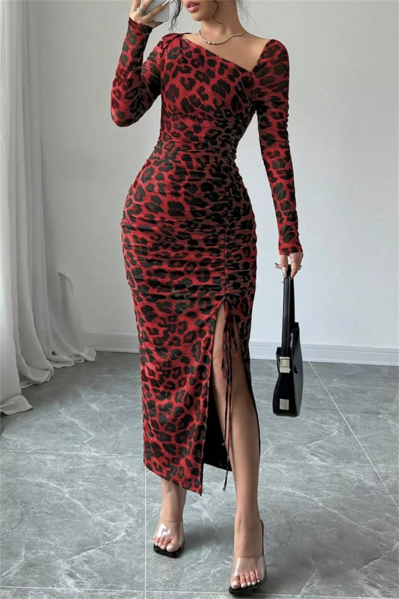 Vestido sexy informal de manga larga con estampado de leopardo, cordón ajustable, cuello oblicuo y abertura (3 colores)