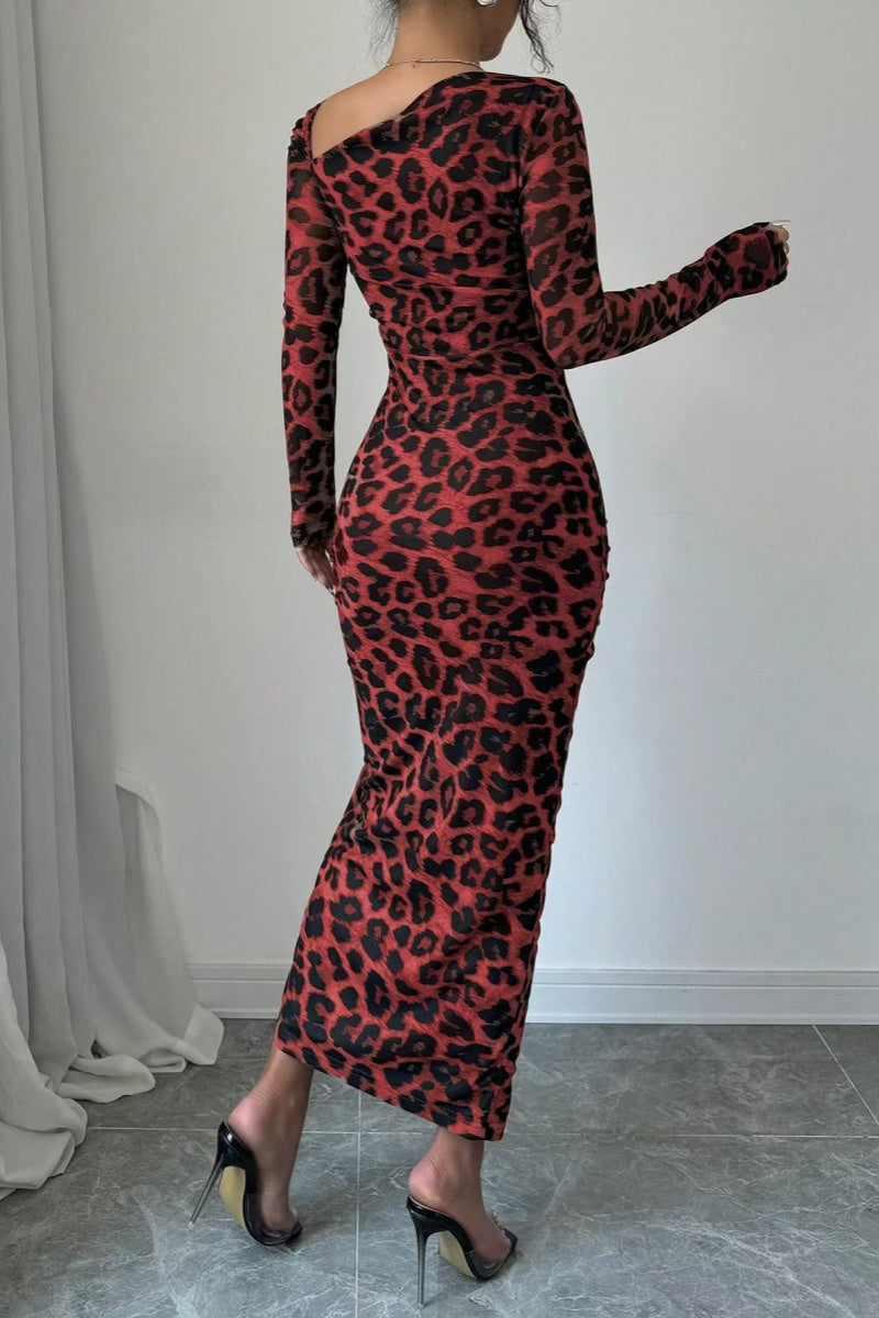 Vestido sexy informal de manga larga con estampado de leopardo, cordón ajustable, cuello oblicuo y abertura (3 colores)