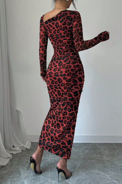 Vestido sexy informal de manga larga con estampado de leopardo, cordón ajustable, cuello oblicuo y abertura (3 colores)