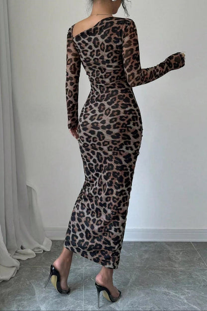 Vestido sexy informal de manga larga con estampado de leopardo, cordón ajustable, cuello oblicuo y abertura (3 colores)
