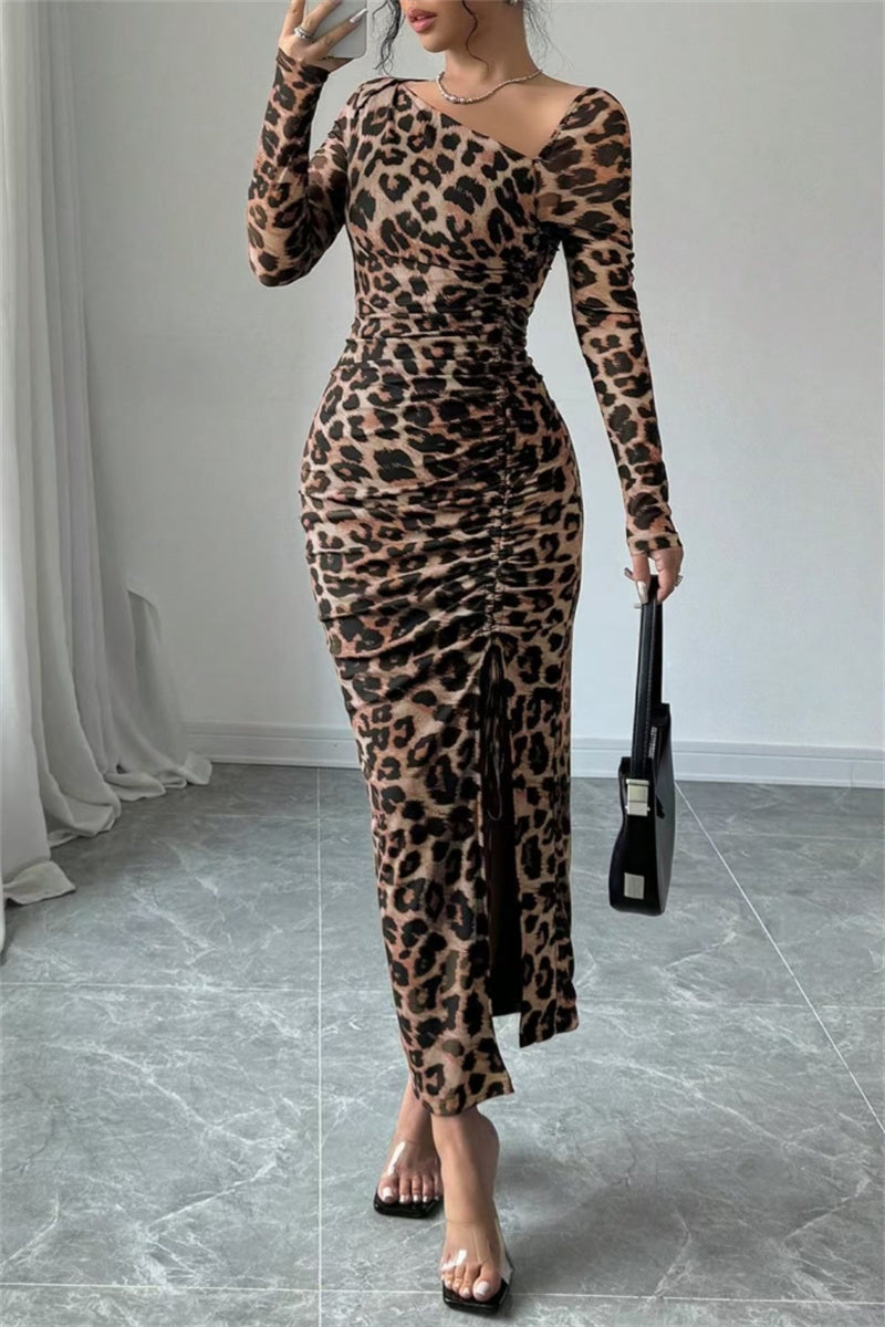 Vestido sexy informal de manga larga con estampado de leopardo, cordón ajustable, cuello oblicuo y abertura (3 colores)