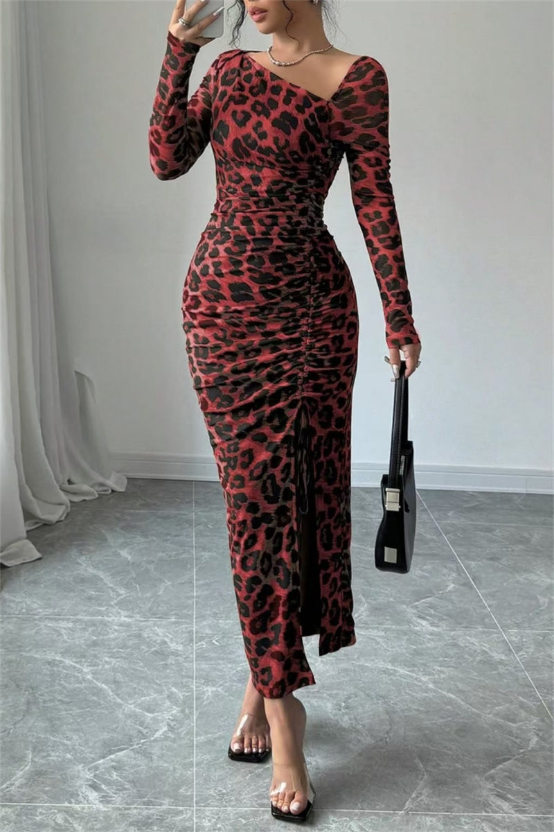 Vestido sexy informal de manga larga con estampado de leopardo, cordón ajustable, cuello oblicuo y abertura (3 colores)