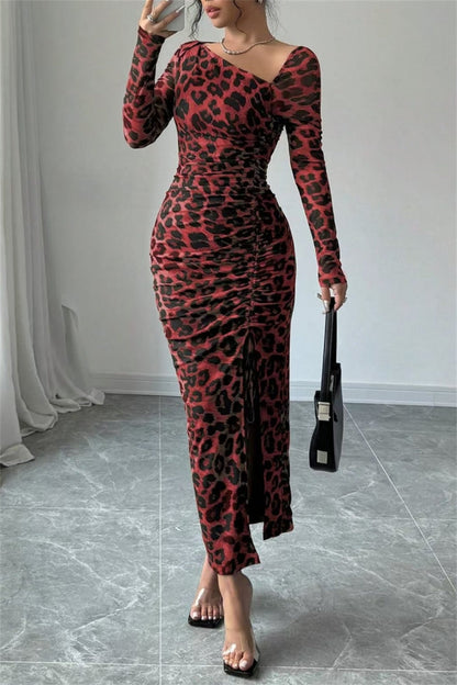 Vestido sexy informal de manga larga con estampado de leopardo, cordón ajustable, cuello oblicuo y abertura (3 colores)