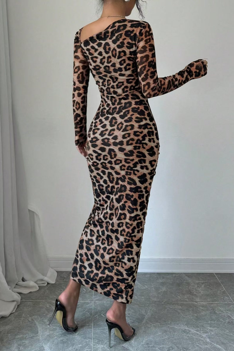 Vestido sexy informal de manga larga con estampado de leopardo, cordón ajustable, cuello oblicuo y abertura (3 colores)