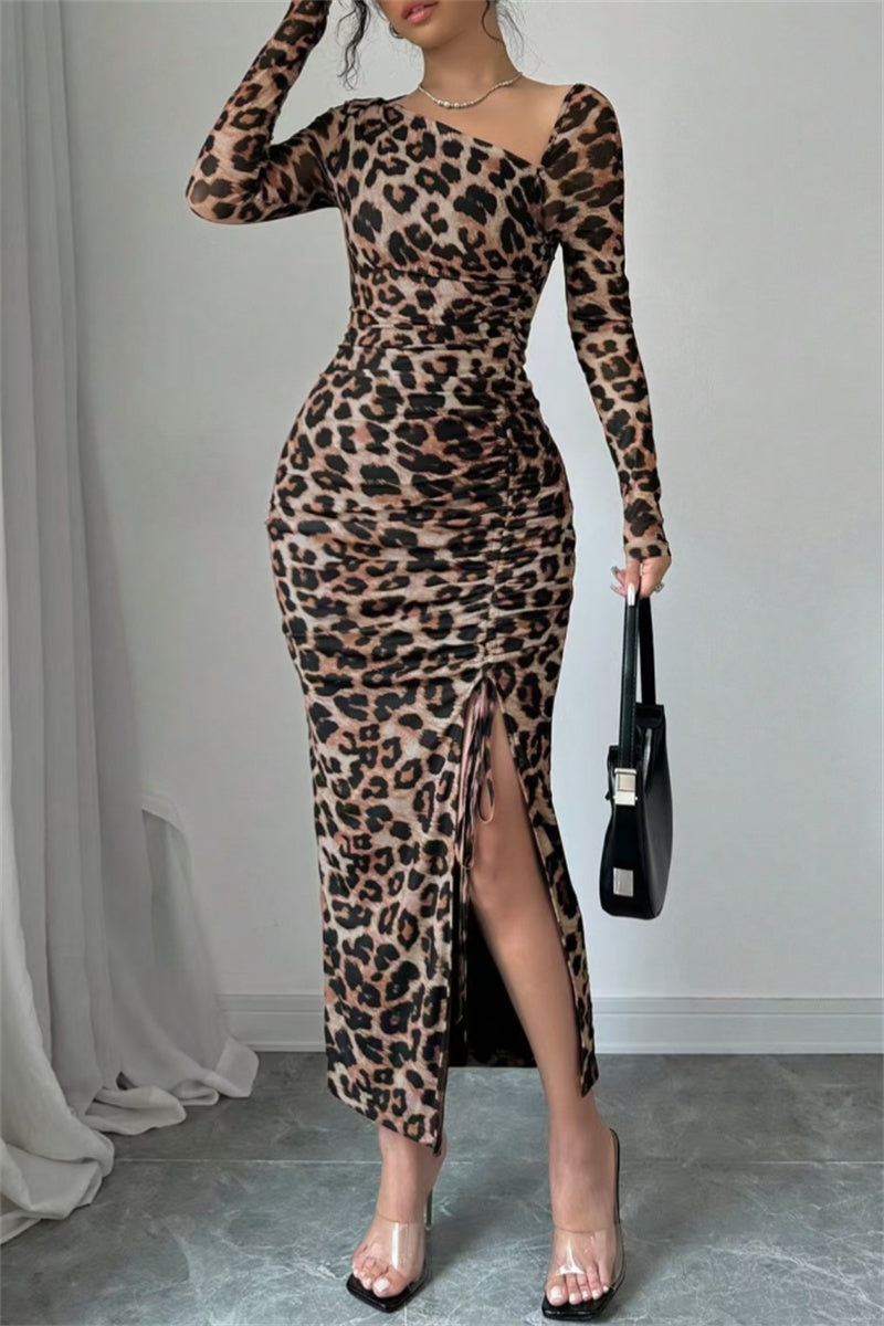Vestido sexy informal de manga larga con estampado de leopardo, cordón ajustable, cuello oblicuo y abertura (3 colores)