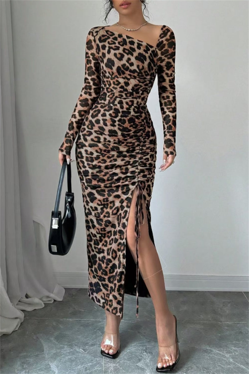 Vestido sexy informal de manga larga con estampado de leopardo, cordón ajustable, cuello oblicuo y abertura (3 colores)
