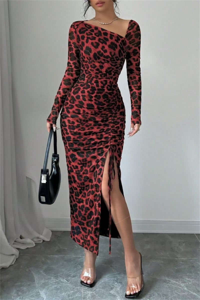 Vestido sexy informal de manga larga con estampado de leopardo, cordón ajustable, cuello oblicuo y abertura (3 colores)