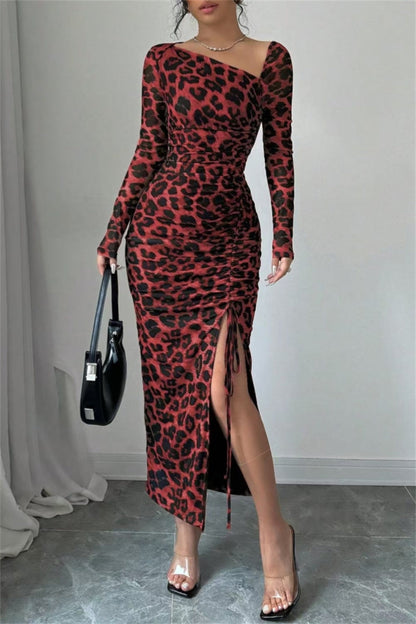 Vestido sexy informal de manga larga con estampado de leopardo, cordón ajustable, cuello oblicuo y abertura (3 colores)