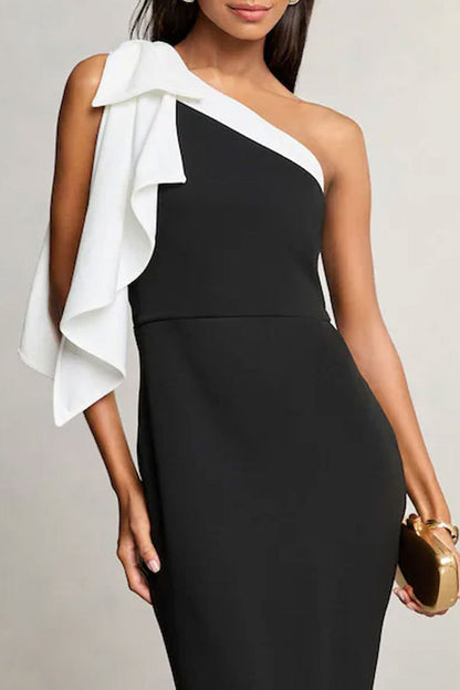 Elegantes vestidos largos con cuello oblicuo y patchwork en contraste