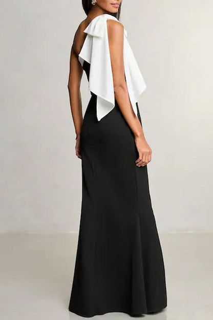 Elegantes vestidos largos con cuello oblicuo y patchwork en contraste