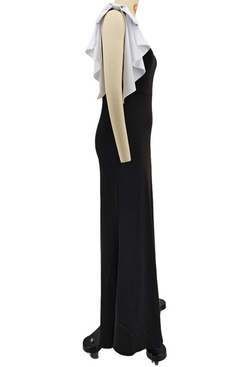 Elegantes vestidos largos con cuello oblicuo y patchwork en contraste