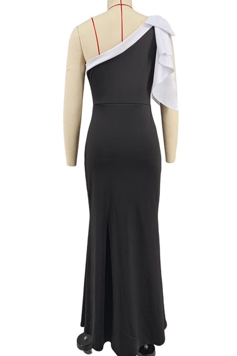 Elegantes vestidos largos con cuello oblicuo y patchwork en contraste