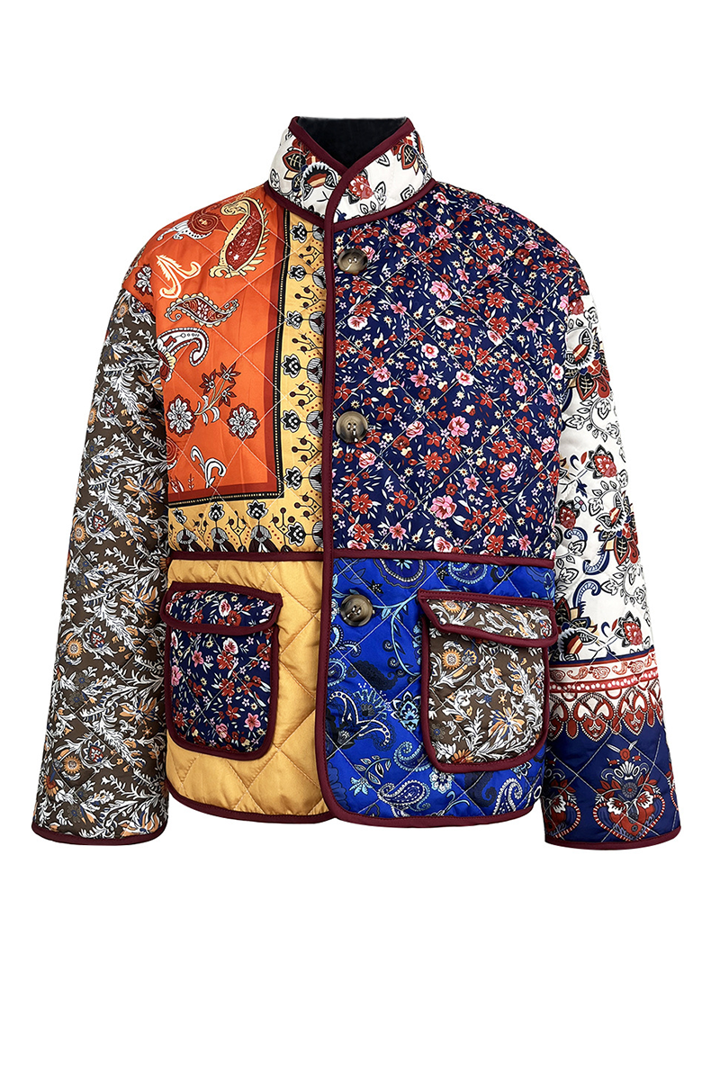 Prendas de abrigo informales con cuello mandarín, patchwork, bolsillos y flores
