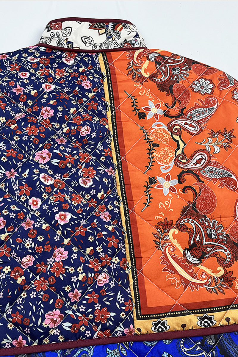 Prendas de abrigo informales con cuello mandarín, patchwork, bolsillos y flores