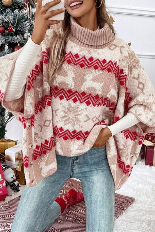 Suéteres de cuello alto con contraste de tejido de copos de nieve Wapiti para fiestas informales